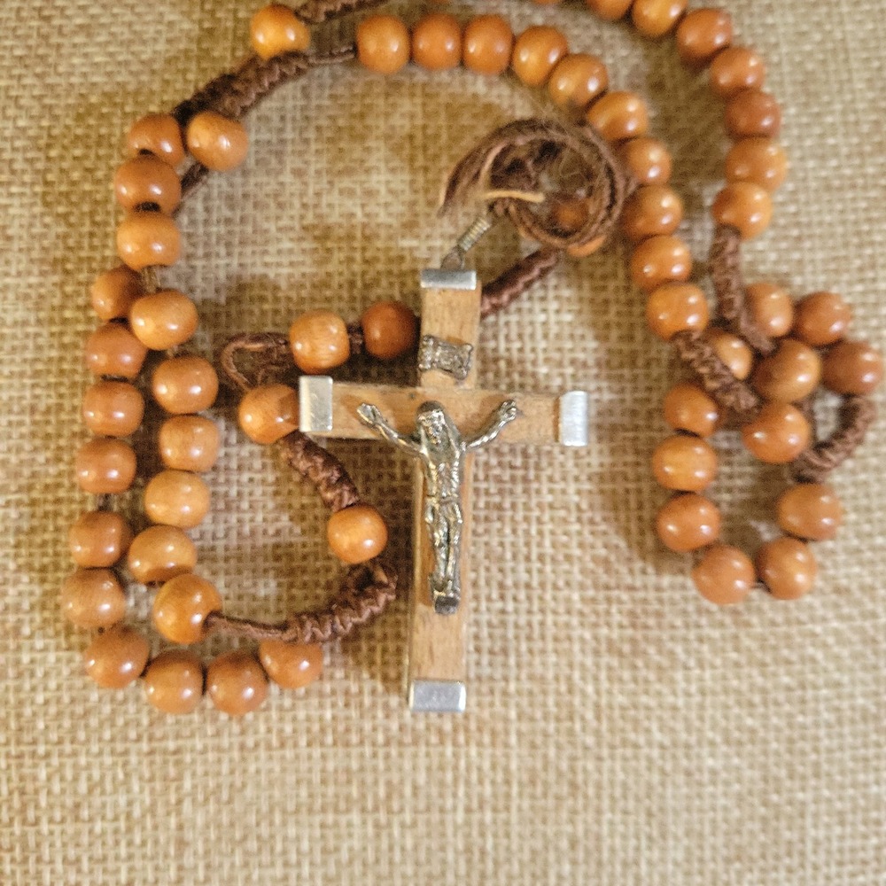 Vintage Jerusalem Wood Rosary Brown Corded Prayer Beads 1.5" Crucifix 15"
